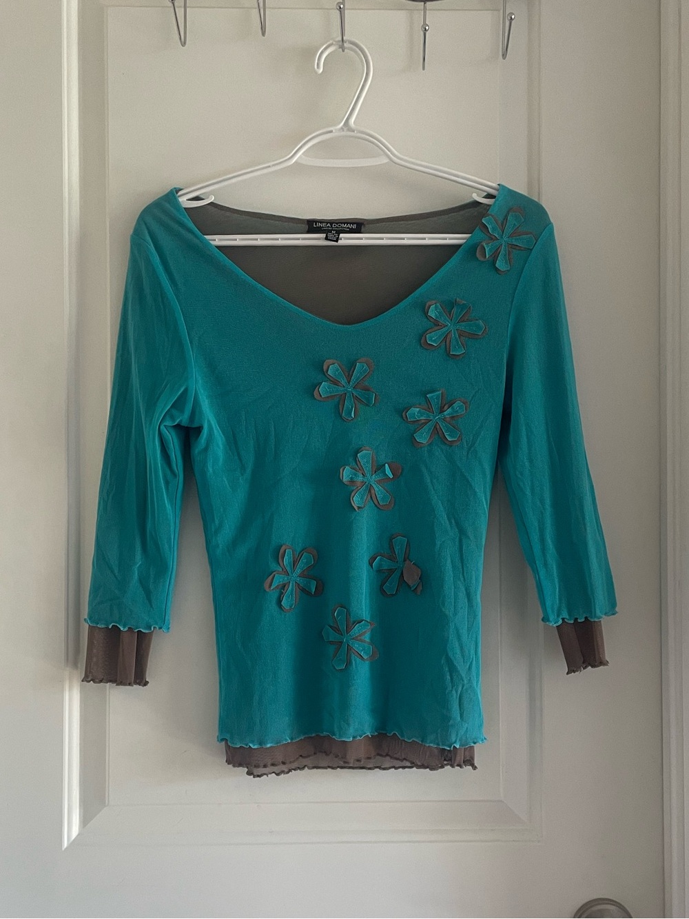Bright Turquoise Floral Appliqué Layered Hem Top - Picture 7 of 7